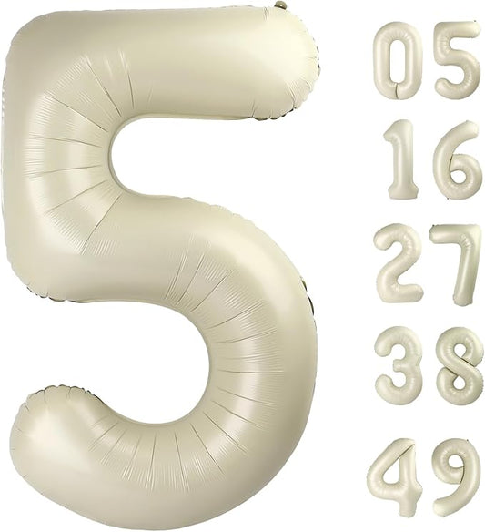 Cream White 5 Number Balloon 40 Inch Large Birthday Balloon, Five 5th 15 25 35 50 55 Birthday Celebration Decorations, Foil 5 Mylar Helium Number 5 Balloons Girl Boy Anniversary Party Supplies