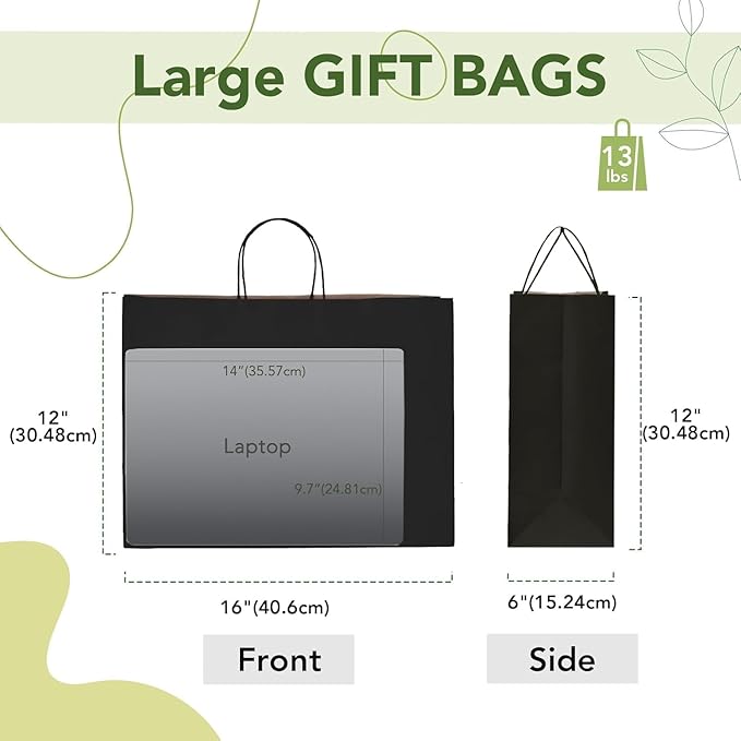 MESHA Gift Paper Bags 200 Pack 16X6X12 Black Large Shopping Kraft Bags Bulk with Handles Reusable for Business,Grocery,Birthday,Wedding,Kids Party,Favors