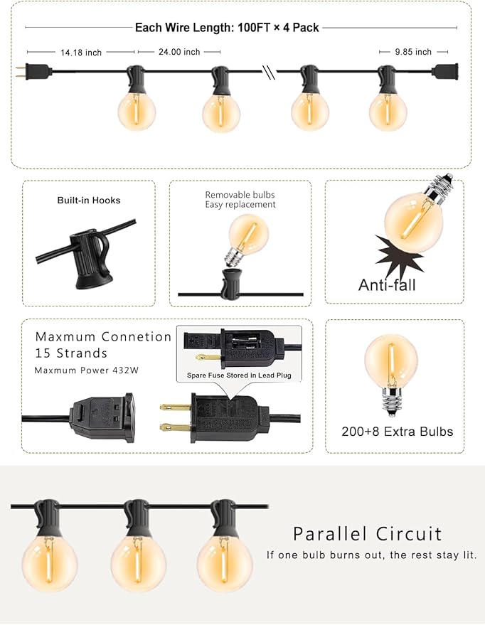Outdoor String Lights 400FT Patio Lights with 208 shatterproof G40 dimmable Globe LED Bulb, Waterproof connectable Outdoor Lighting for Backyard Porch Balcony gazobo, 4-Pack 100FT,Black