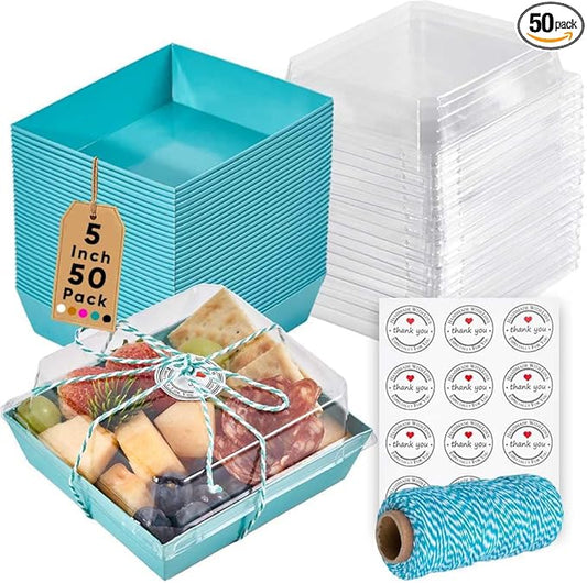 50 Pack Small Charcuterie Boxes with Clear Lids - To Go Paper Mini Charcuterie Box, Disposable Food Containers, 5Inch Dessert Boxes - Sandwich, Cookie, Sushi, Cake Slice, Strawberries (Blue)