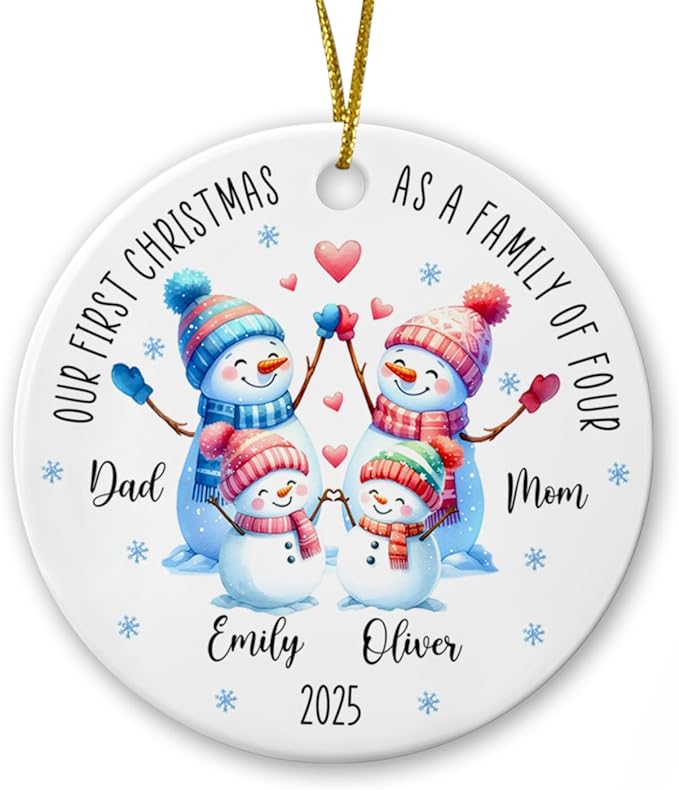 Our First Christmas as A Family of Four Ornament, Personalized Family of 4 Snowman Ceramic Ornament Xmas 2025, 1st Xmas as Family of 4 Snowman Keepsake Gifts, Custom Names Snowman Family Ornament