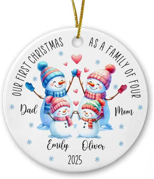 Our First Christmas as A Family of Four Ornament, Personalized Family of 4 Snowman Ceramic Ornament Xmas 2025, 1st Xmas as Family of 4 Snowman Keepsake Gifts, Custom Names Snowman Family Ornament