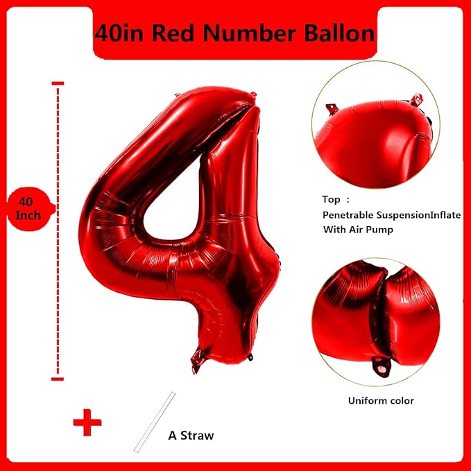 40 Inch Red Number 4 Balloon Large Red Foil Balloon Red 4 Balloons Mylar Helium Balloon for 4th Birthday Party Decorations Girls Boys Baby Shower Wedding Anniversary Decoration