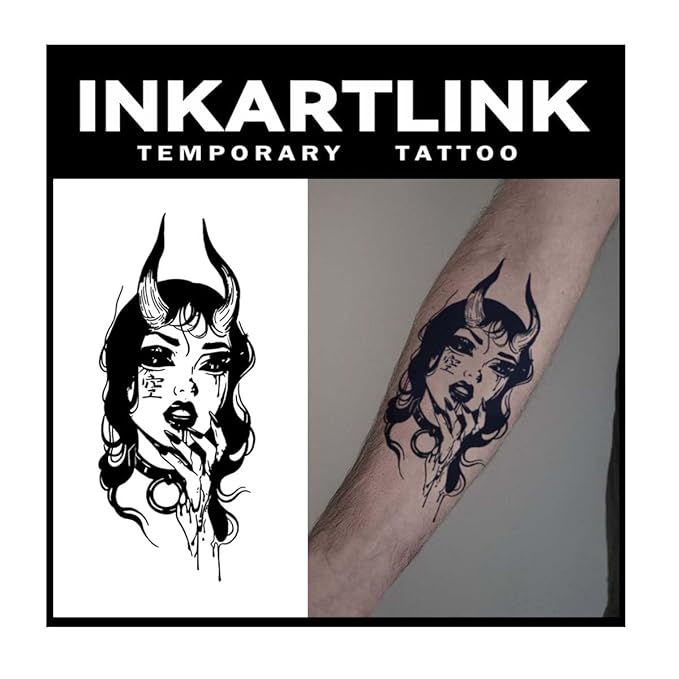 INKARTLINK Tattoo Tech, 2 Sheets Large Semi Permanent Tattoo, Adult Art Design Temporary Tattoos, Lasts 1-2 Weeks, Waterproof, Realistic Look, No Adhesive, No Reflection (Enchanting Demoness Design)