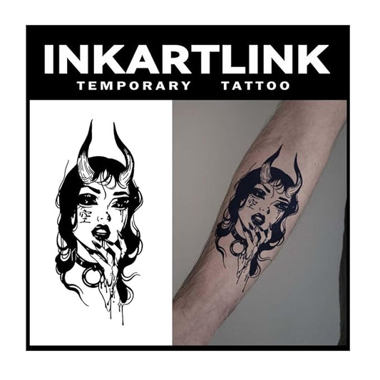 INKARTLINK Tattoo Tech, 2 Sheets Large Semi Permanent Tattoo, Adult Art Design Temporary Tattoos, Lasts 1-2 Weeks, Waterproof, Realistic Look, No Adhesive, No Reflection (Enchanting Demoness Design)