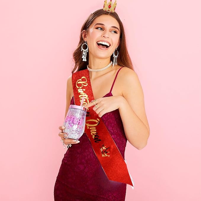 Birthday Queen Sash for Women Tiara & Crowns Headbands for Girls Happy Birthday Party Accessories Favor Supllies Leona Gold Red Pink, 2 Pack