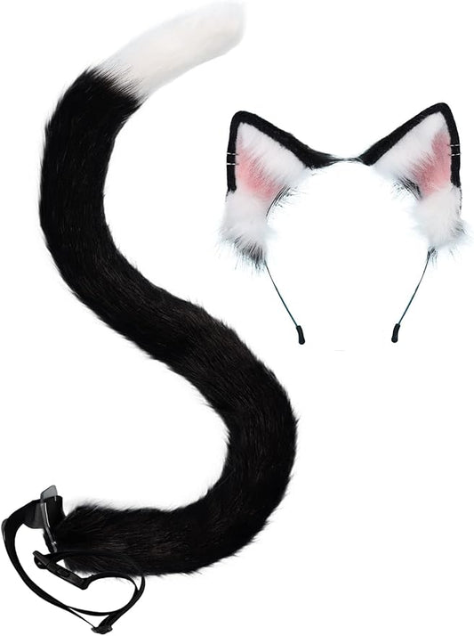 QinRuan Animal Cosplay Costume Accessories Furry Faux Fur Cat Ears Headband and Fox Tail Set Halloween Accessory