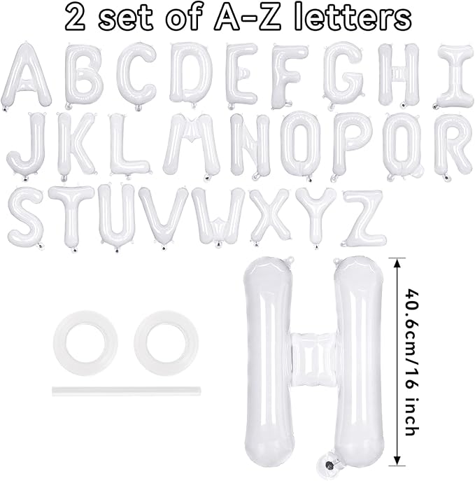 52 Pcs White Letter Balloons,16 Inch Foil Alphabet Letter Balloons,Letter A-Z Balloon Banner Custom Phrase Balloon for Birthday Party Wedding Anniversary Decoration (White 52pcs)