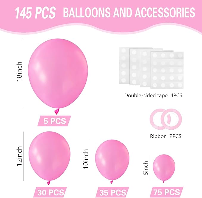 Pink Balloons 145pcs Different Sizes 5in 10in 12in 18in Pink Round Latex Balloon Helium Arch Kit Garland for Wedding Valentines Day Baby Shower Birthday Party Decoration