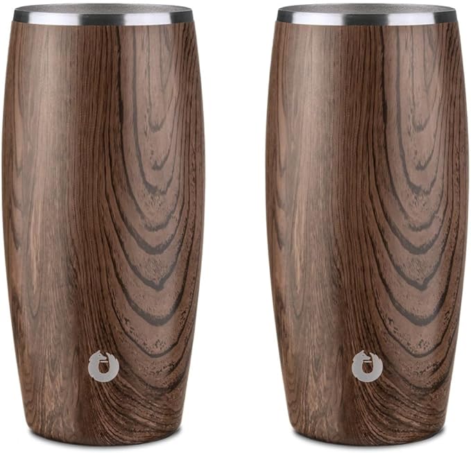 SNOWFOX Premium Vacuum Insulated Stainless Steel Beer Glass, Home Bar Accessories, Elegant Bartending, Lightweight Pint Glasses, Sleek Drinkware, Frosty Beverages Stay Cold, 18oz, Set of 2,Dark Walnut