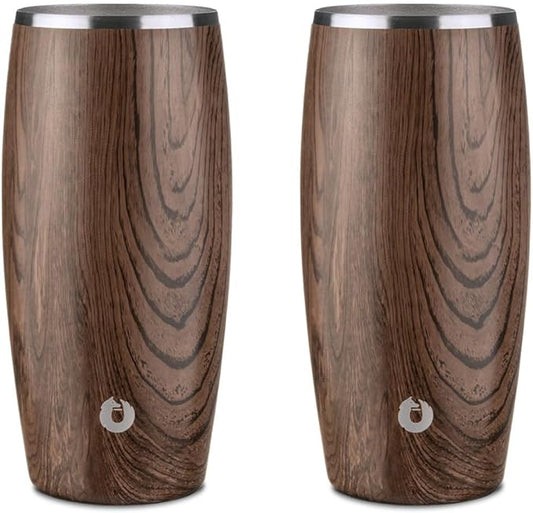 SNOWFOX Premium Vacuum Insulated Stainless Steel Beer Glass, Home Bar Accessories, Elegant Bartending, Lightweight Pint Glasses, Sleek Drinkware, Frosty Beverages Stay Cold, 18oz, Set of 2,Dark Walnut