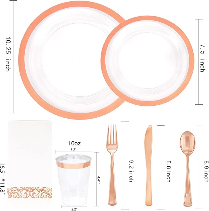 YOUBET 175PCS Rose Gold Plastic Plates - Clear Plastic Plates Disposable with Rose Gold Rim includes 50 Rose gold plates, 25Forks, 25Knives, 25Spoons, 25Cups, 25Napkins for Party & Wedding