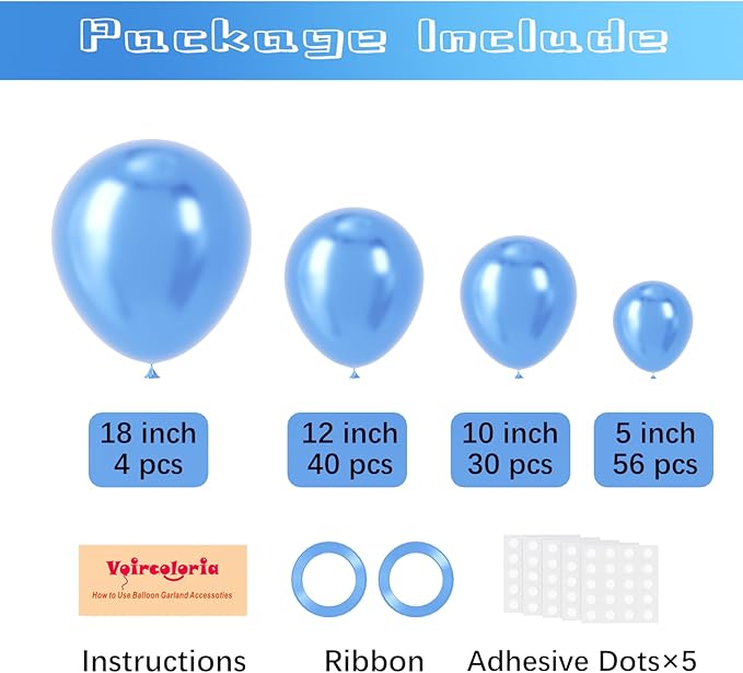 130pcs Metallic Blue Balloons Different Sizes 18" 12" 10" 5" Chrome Blue Latex Balloon Garland Arch Kit for Birthday Baby Shower Graduation Wedding Gender Reveal Party Decorations