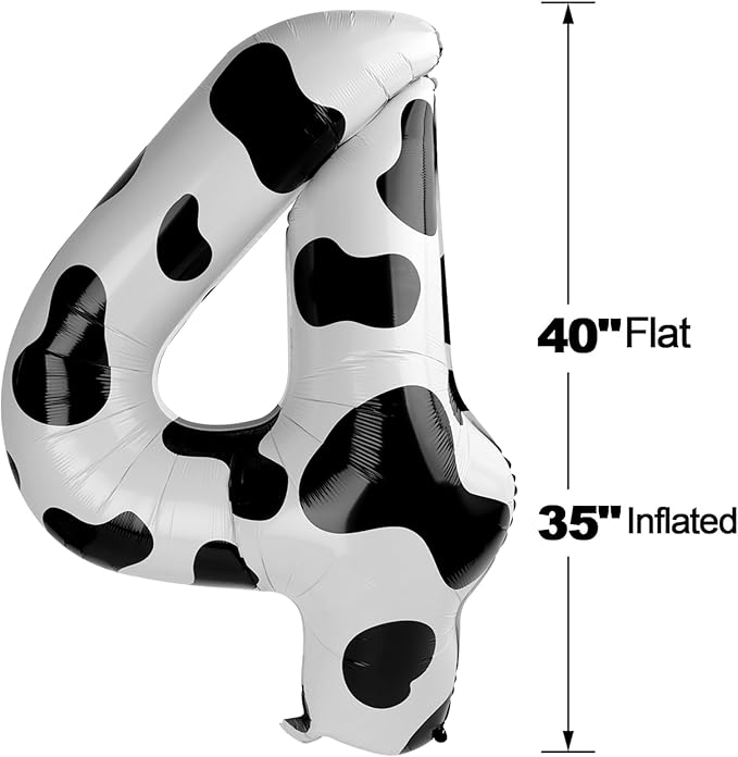 40 Inch Cow Print Large Number 4 Birthday Balloon, Giant Number Four 14 24 34 40 44 Balloons, Foil Mylar Big Balloons for Anniversary Graduation Supplies Decorations