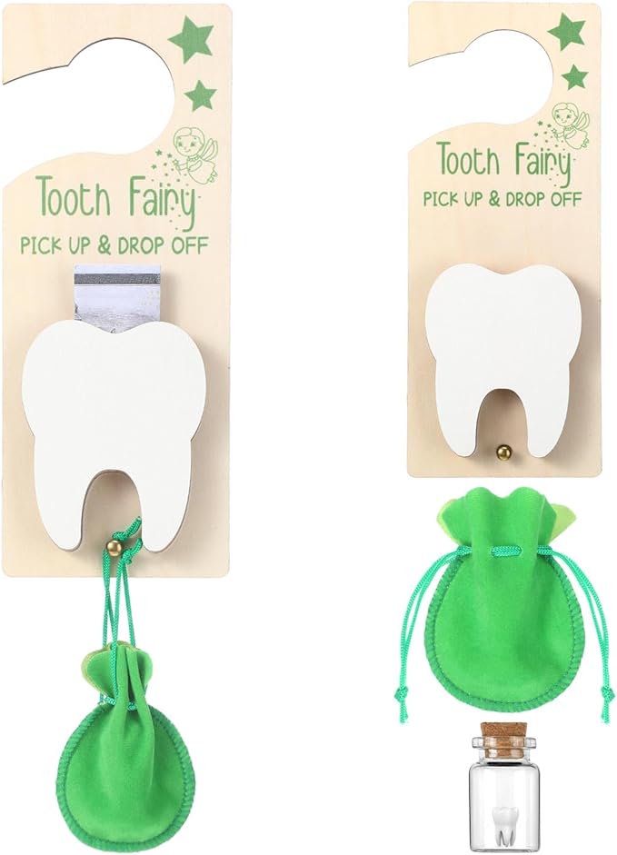 Tooth Fairy Holder Bag Hanger with Money Slot Keepsake Bottle Velvet Pouch Tooth Fairy Box Encourage Gift for Lost Teeth Boy Girl Milk(Classic,Green)