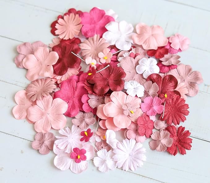 Handmade100 Pcs Mixed Flowers 18 mm - 2 Inch Mulberry Paper Flowers Scrapbooking Wedding DIY Craft Supplies Card (Pink Tone)