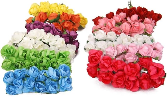 144pcs Mulberry Paper Mini Roses Artificial Flowers Heads with Stems for DIY Crafts Accessories Make Bridal Hair Clips Headbands Dress Wedding Bridal Bouquets Party Home Decor Valentine's (Silver)