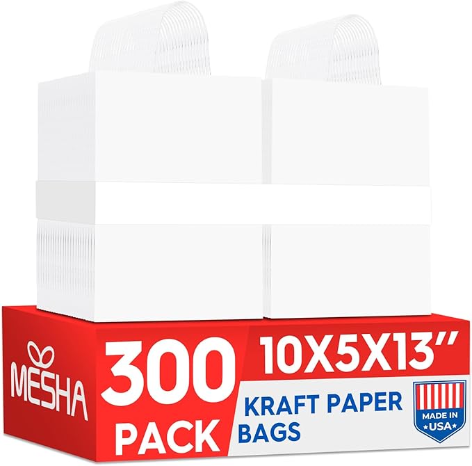 MESHA Gift Paper Bags 300 PACK 10X5X13 White Large Shopping Kraft Bags Bulk with Handles Reusable for Business Grocery Birthday Wedding Kids Party Favors(Made in USA)