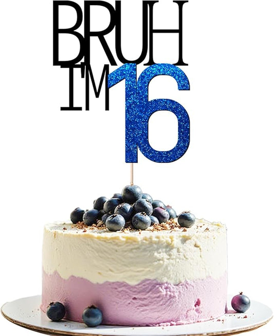 Bruh I'm 16 Cake Topper - Bro I'm 16, Happy Sweet 16 Ornament for Boys' 16th Birthday Party Supplies (blue 16)