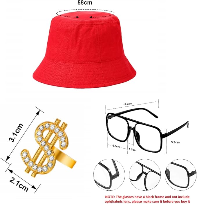 Gejoy Hip Hop Costume Kit 80s 90s Rapper Accessories Outfit for Men Women Sunglass Hat Chain Ring Halloween Party Decoration