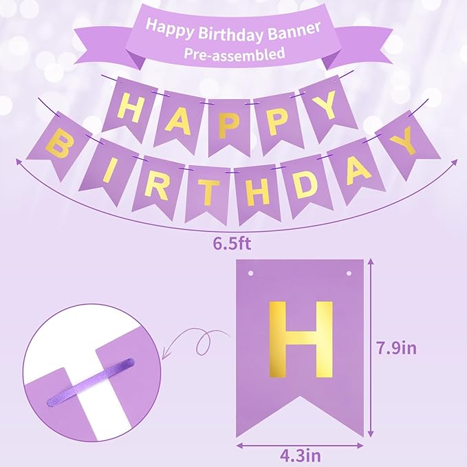 RUBFAC Purple Pink Birthday Party Decorations Set With Happy Birthday Banner, Tissue Paper Pompoms, Tassel Garland, and Circle Dots Garland for Women Girls