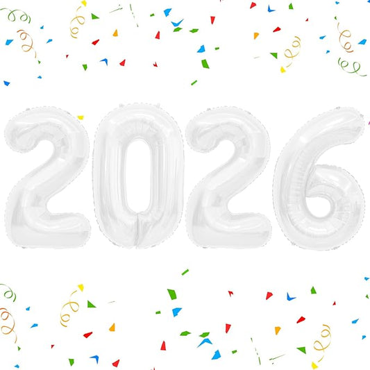 2026 Balloons Number Balloons 2026 Balloon Numbers, 40 Inch Foil Number Balloon for New Year Eve Festival Christmas Birthday Wedding Anniversary Party Supplies, New Years Decorations White