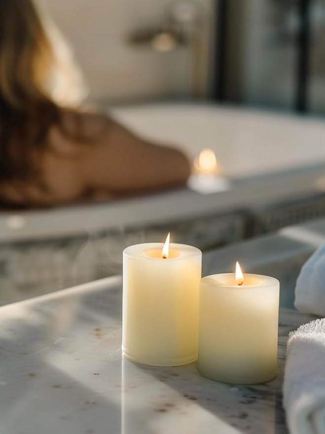 Ivory Pillar Candles, Set of 3, 56 Hour Long Burning, Unscented and Dripless, Large (3x4 inch) for Christmas Lights, Wedding, Parties, Spas, Home Decor