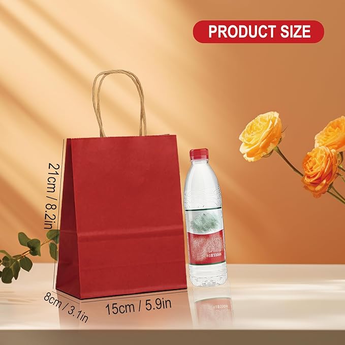 BAG BOX 25 Pack Medium 8.25x4.3x10.6 Inch Red Kraft Paper Gift Bags with Handles for Bulk Shopping, Retail, Craft, Party Favors, Wedding, Grocery & Sacks
