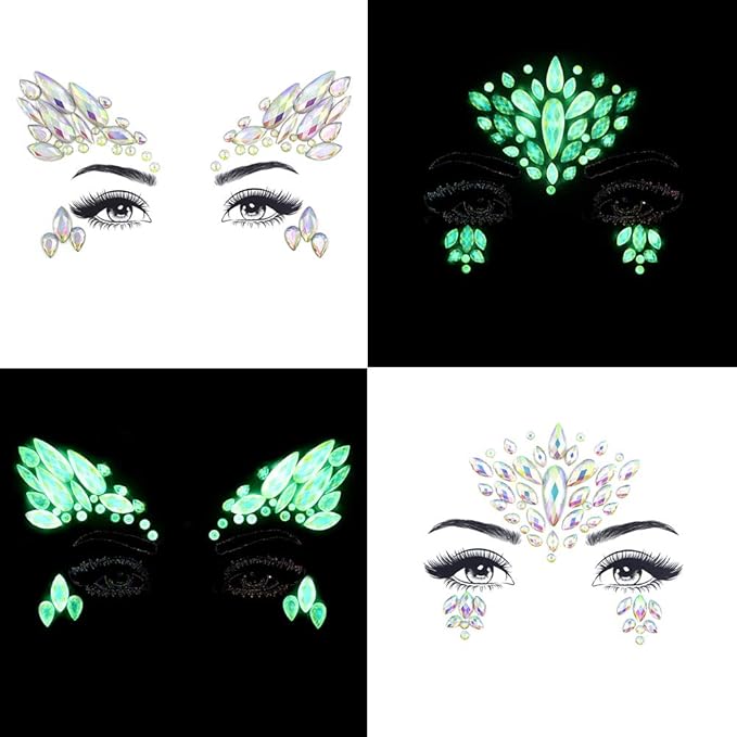 Noctilucent Face Gems Luminous makeup Temporary Tattoo Stickers Acrylic Crystal Glitter Stickers Face Jewels Rainbow Tears Rhinestone for Party, Rave Festival, Dress-up of ZLXIN(8 Pcs A Set)