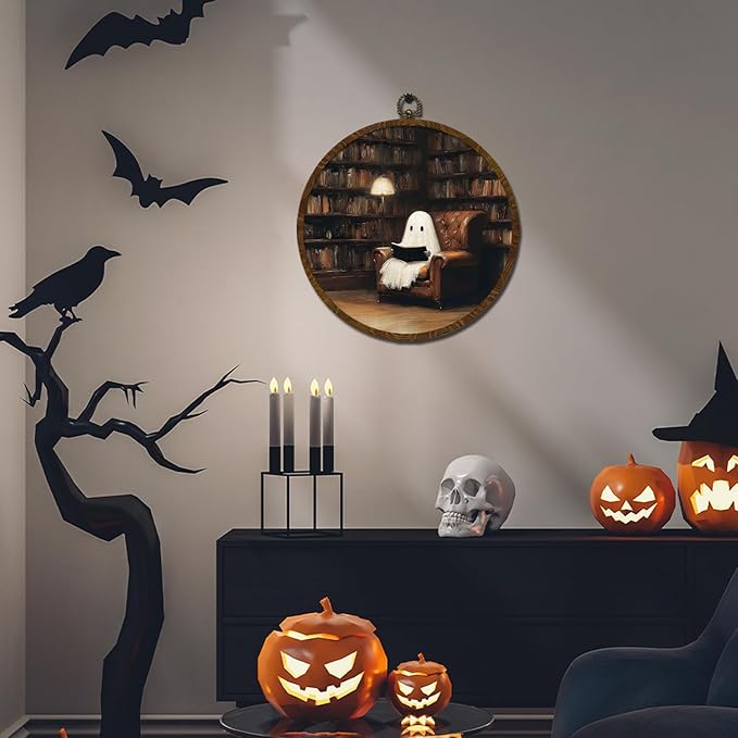 Funny Halloween Ghost Round Wall Art,Gothic Canvas Wall Hanging Decor, Spooky Farmhouse Vintage Round Wall Art for Bedroom Living Room Entryway, Rustic Ghost Gothic Wall Decor,Gift for Halloween 10x10Inch (Dark-Ghost01)