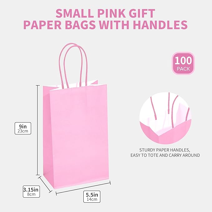 DjinnGlory 100 Pack Small Sized Pink Paper Gift Bags with Handles Bulk for Small Business, Boutiques, Baby Showers, Party Favors & Care Packages, 9x5.5x3.15 Inch