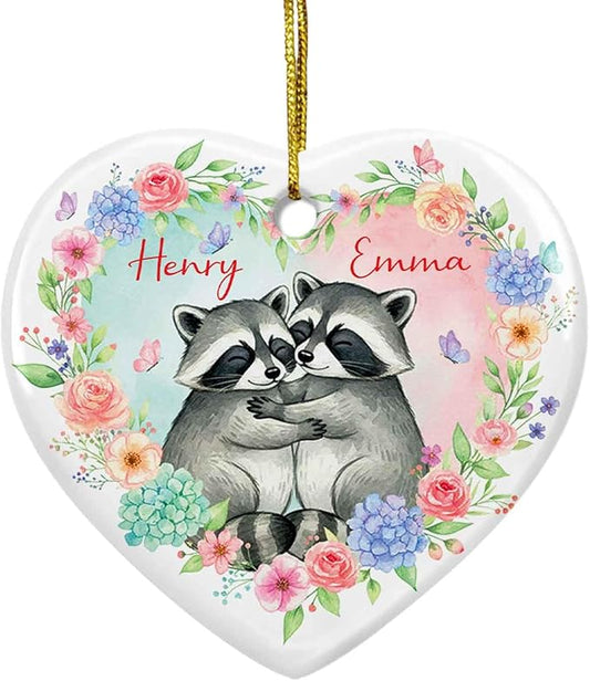Custom Raccoon Couple Christmas Ornament 2025, Raccoon Floral and Butterfly Ceramic Ornament, Engagement Dating Keepsake Gifts for Men Women, Personalized Names Couple Raccoons Ornaments Xmas