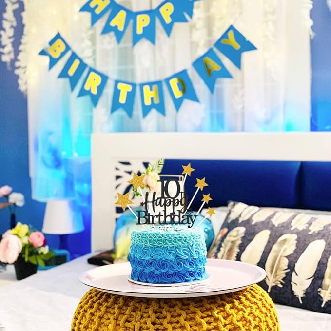Glittery 10th Happy Birthday Cake Topper with Star,Personalised 10 Birthday Cake Toppers Party Decorations Party Supplies for Boys Girls Black Gold