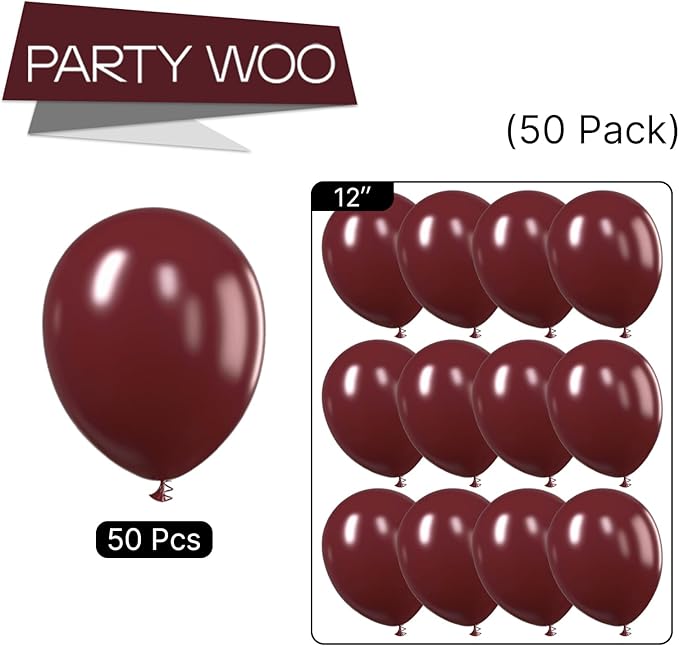 PartyWoo Retro Red Balloons, 50 pcs 12 Inch Burgundy Balloons, Maroon Balloons for Balloon Garland Arch as Party Decorations, Birthday Decorations, Wedding Decorations, Baby Shower Decorations