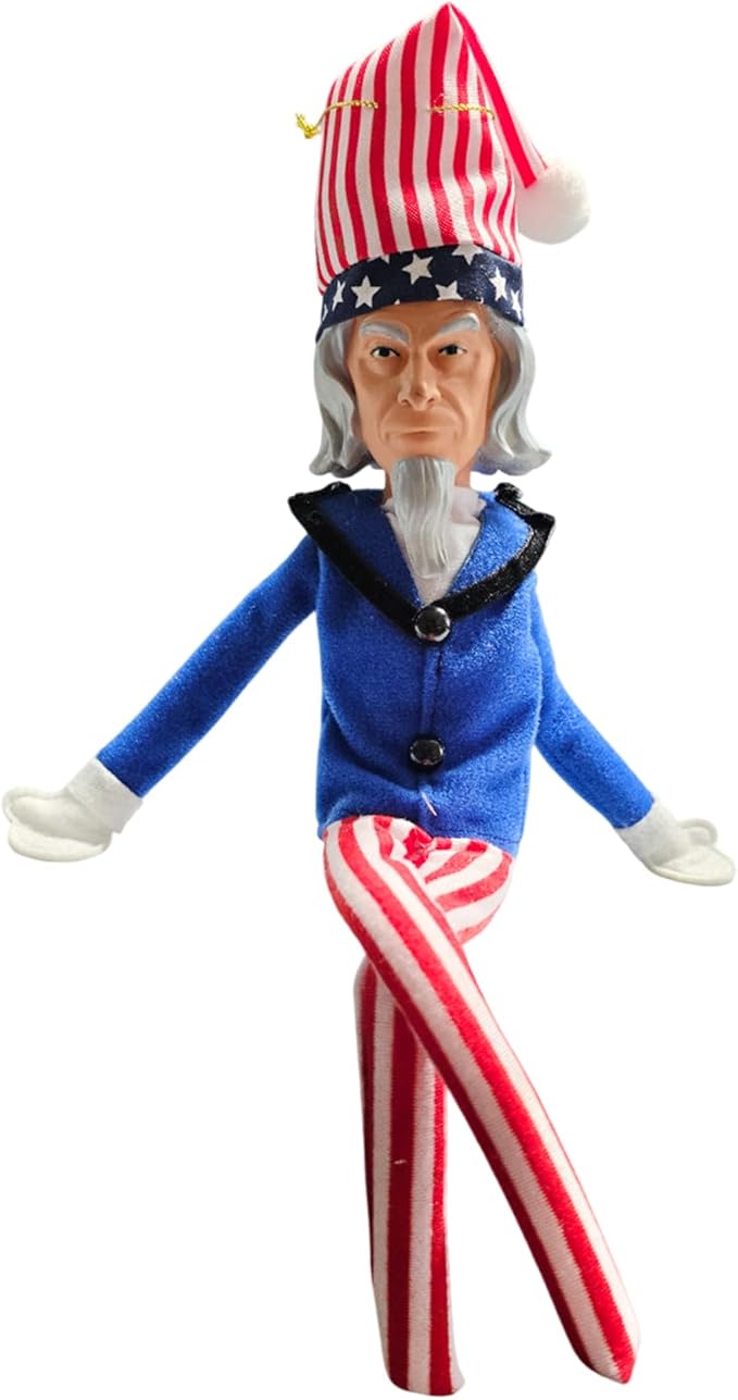 Uncle Patriotic Christmas Elf Decoration 35cm – Handmade Plush Americana Elf Ornament in Blue – Vintage Holiday Gnome Christmas Ornament for Tree, Party, Home & Garden Décor