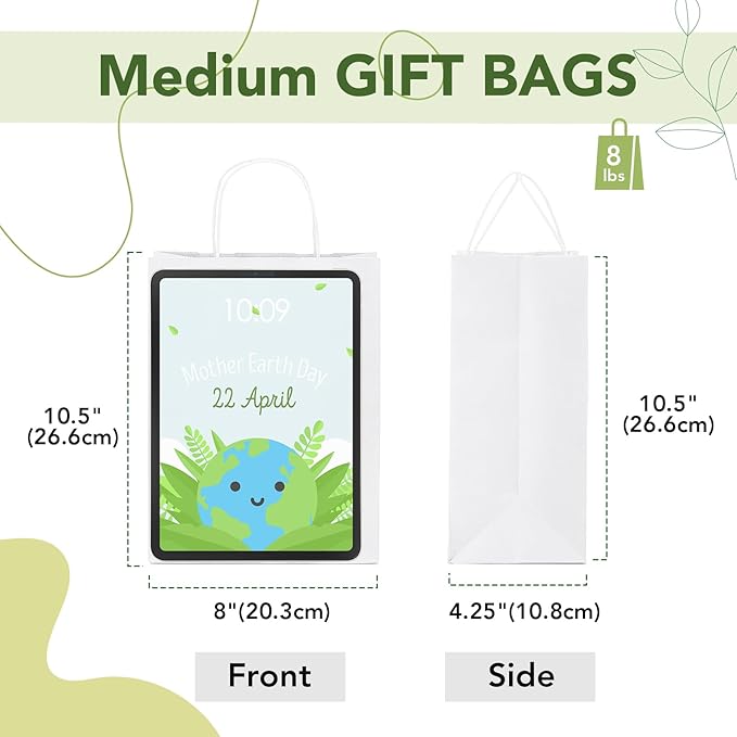MESHA Gift Paper Bags 12000 PACK 8x4.25x10.5'' White Medium Shopping Kraft Bags Bulk with Handles Reusable for Business,Grocery,Birthday,Wedding,Kids Party,Favors