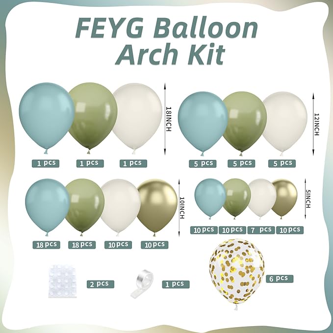 Sage Green and Blue Balloon Arch Kit, 120 PCS Dusty Green Blue Gold Olive Green Slate Blue Beige Sand Gold Balloon Garland for Women Men Boho Birthday Baby Bridal Shower Party Decorations