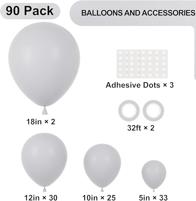 90pack Gray Balloons Different Size 18/12/10/5 Inch Pastel Grey Balloon Garland Arch Kit for Graduation, Wedding, Birthday, Gender Reveal, Baby Shower, Bridal Shower Decorations