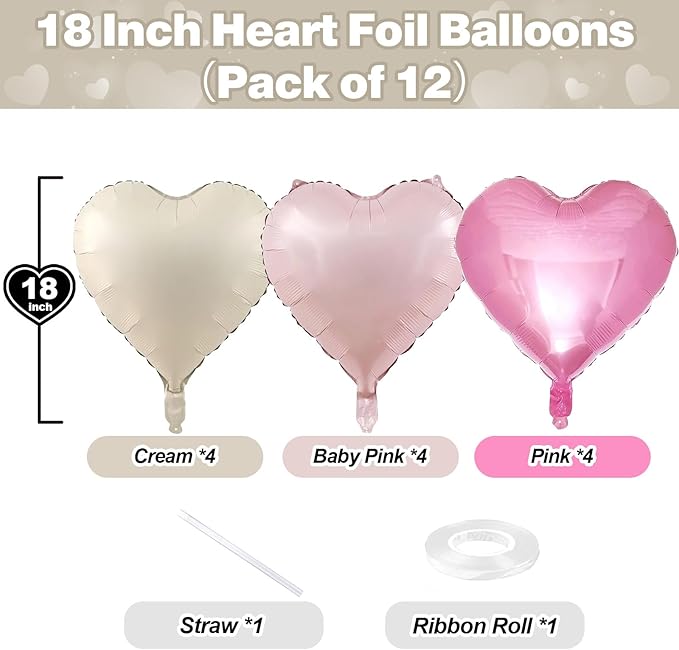 Pink White Heart Balloons, 12PCS Baby Pink Cream Heart Foil Balloons, Pastel Pink Light Pink White Heart Shaped Mylar Balloons for Girls Women Birthday Baby Shower Wedding Valentine's Party Decoration