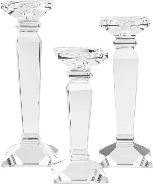 Kitcom Crystal Candlestick Holders Hand Cut Crystal Taper/Pillar Candle Holders, Table Centerpieces for Party Wedding Banquet Decorations Set of 3, Comes with Gift Box(11.6''/10.4''/9.3'' Tall)