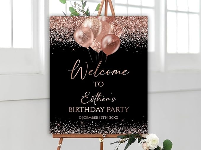 Editable Birthday Welcome Sign, Rose Gold Balloons Birthday Welcome Poster, Glitter Confetti Birthday Decoration, birthday decorations, birthday Sign