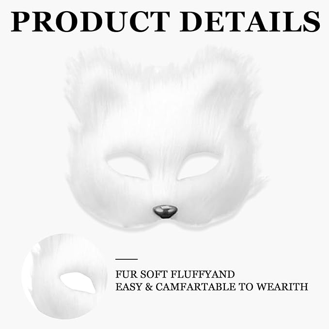 4 Pcs Faux Fur Fox Tail Cat Wolf Cosplay Costume Set for Men Women Therian Mask Paw and Tail Set for Halloween Christmas Party, a Fox Mask, a Pair of Paw Gloves and a Tail (White)