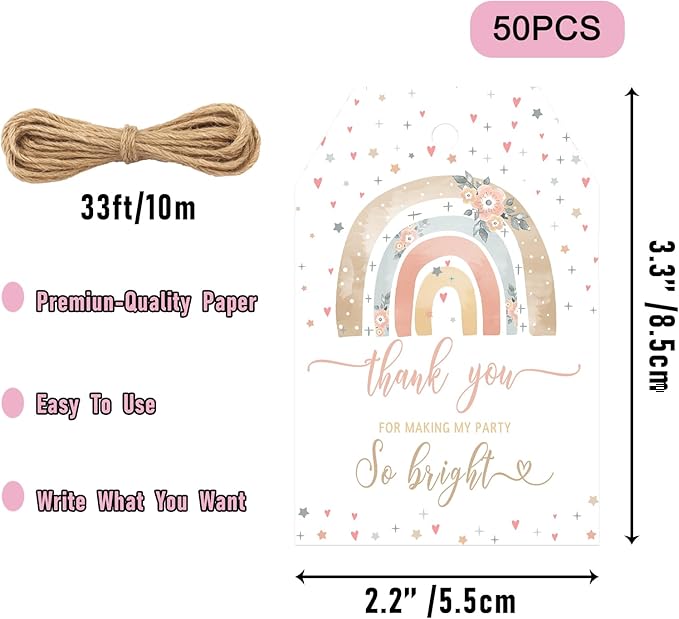 Thank You Tags, 50PCS Rainbow Tags, Boho Pastel Gift Tags with String, 2.2"x3.3" Paper Thank You Tags for Baby Shower, Birthday, Wedding, Party Favors (Rainbow Thank You)