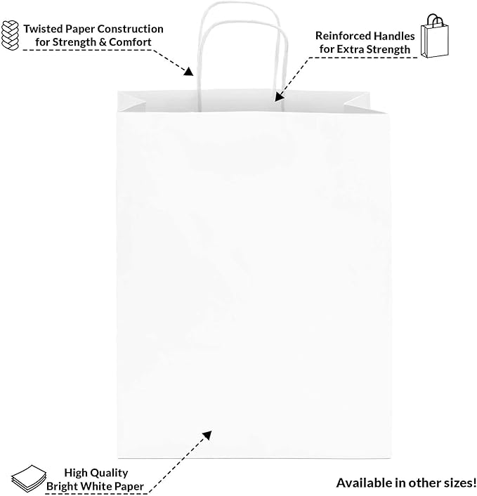 Prime Line Packaging White Gift Bags, Shopping Gift Bags Medium with Handles for Small Business, Boutiques, Retail, Merchandise, Party Favors, Bulk 10x5x13, 100 Pack