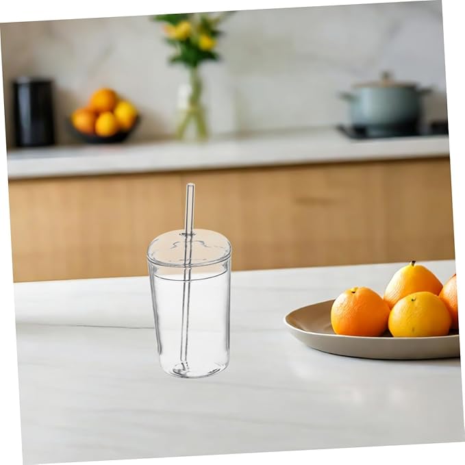 Large Capacity Glass Drinking Mug with Straw Decorative Transparent Juice Cup for Home Office Hotels Smooth Rim Easy to Clean Beverage Container