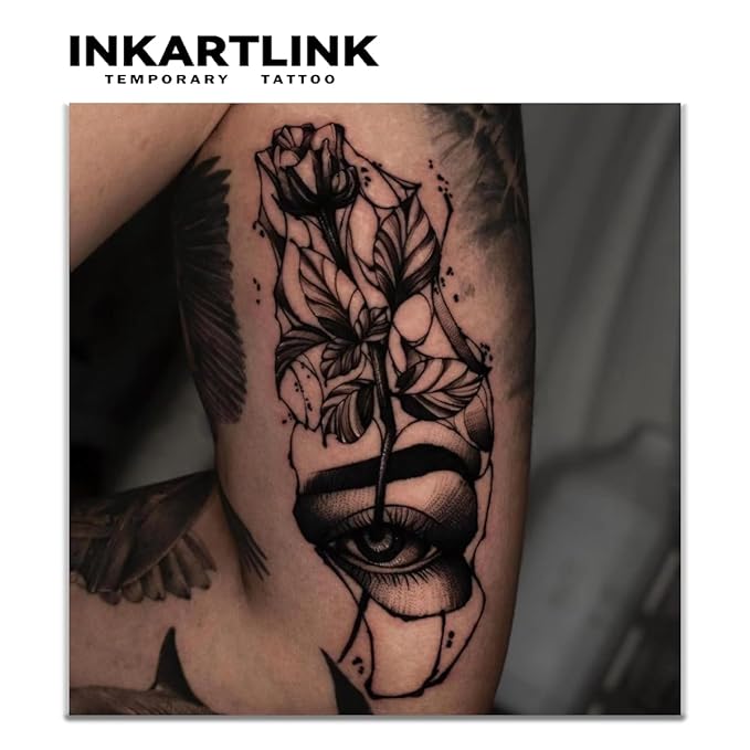 INKARTLINK Tattoo Tech, 2 Sheets Large Semi Permanent Tattoo, Adult Art Design Temporary Tattoos, Lasts 1-2 Weeks, Waterproof, Realistic Look, No Adhesive, No Reflection (Rose and Eye Design)
