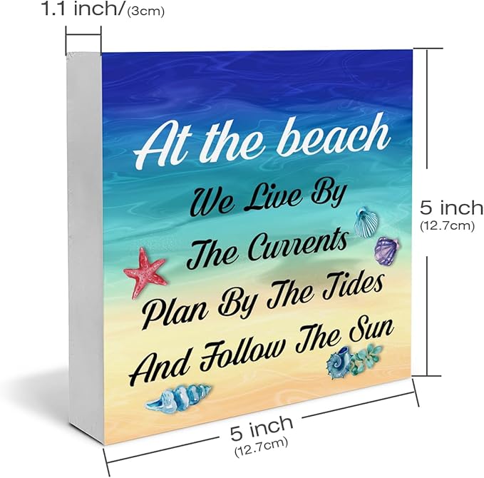 Summer Beach Decor Seashell Wood Block Sign Summer Decorations for Home Desk Table Shelf 5 x 5 Inches