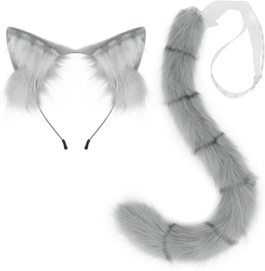 QinRuan Animal Cosplay Costume Accessories Furry Faux Fur Cat Ears Headband and Fox Tail Set Halloween Accessory