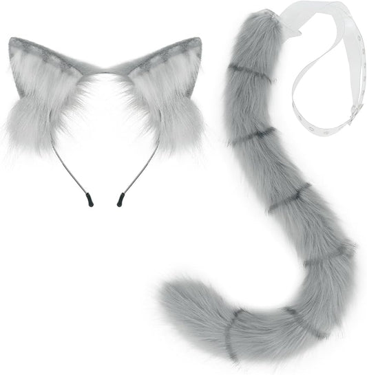 QinRuan Animal Cosplay Costume Accessories Furry Faux Fur Cat Ears Headband and Fox Tail Set Halloween Accessory