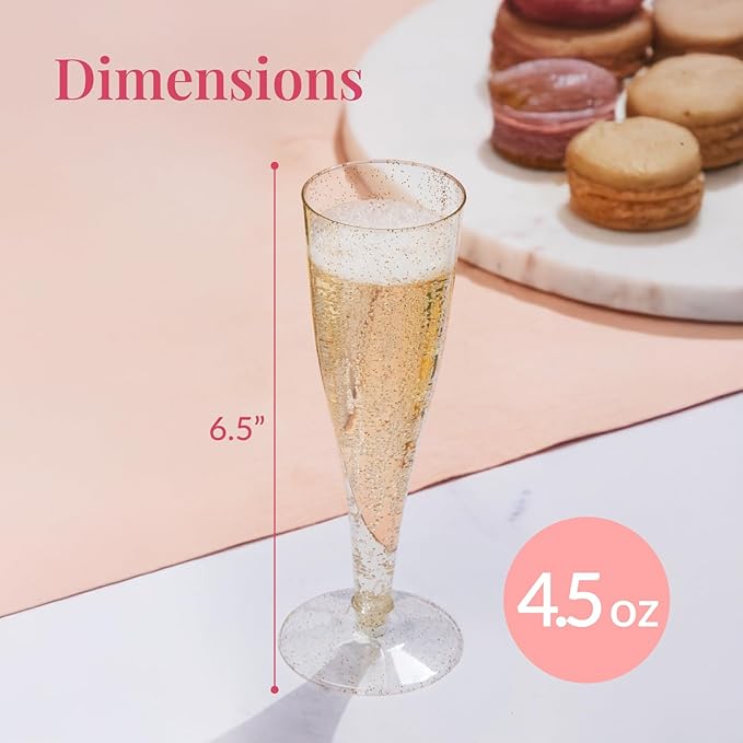 Prestee 200 Disposable Champagne Flutes Gold Glitter Glasses - 4.5 Oz Plastic Champagne Cups for Parties, Wedding Toasts, Mimosa Bar, and New Year’s Eve - Elegant Bulk Gold Plastic Wine Flutes